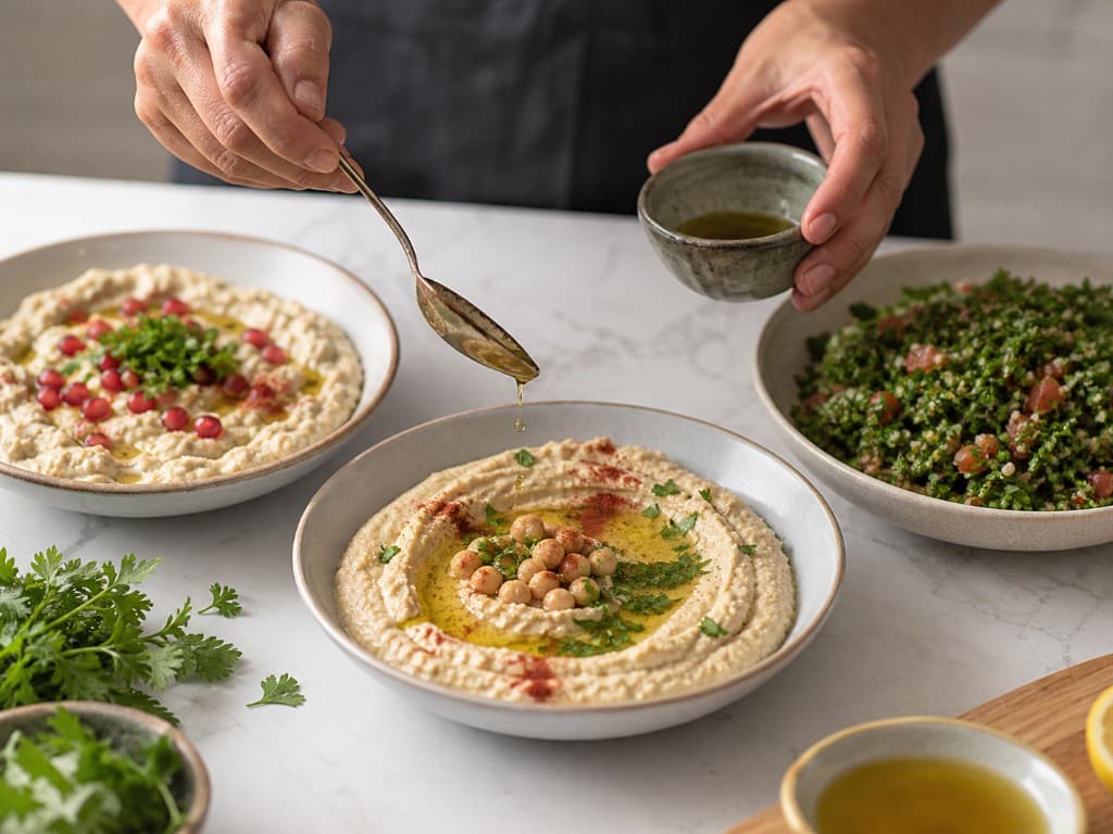 Dressage de houmous et mezzés avec huile d'olive